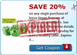 Save 20% on any single purchase of loose Green Peppers at participating retailers. See offer info for complete details. Check back every Tuesday for a new Healthy Offer..Expires 3/3/2014.Save 20%.