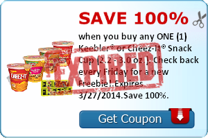 Save 100% when you buy any ONE (1) Keebler® or Cheez-It® Snack Cup (2.2 - 3.0 oz.). Check back every Friday for a new Freebie!.Expires 3/27/2014.Save 100%.