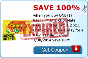 Save 100% when you buy ONE (1) Reese's®  Milk Chocolate Peanut Butter Egg (1.2 oz.). Check back every Friday for a new Freebie!.Expires 3/30/2014.Save 100%.