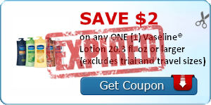 SAVE $2.00 on any ONE (1) Vaseline® Lotion 20.3 fl. oz or larger (excludes trial and travel sizes)