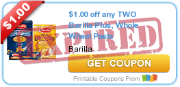 $1.00 off any TWO Barilla Plus, Whole Wheat Pasta