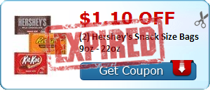 $1.10 off (2) Hershey's Snack Size Bags 9oz - 22oz