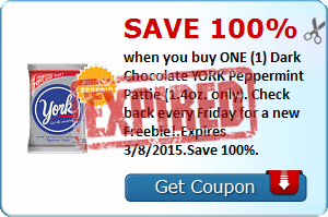 Save 100% when you buy ONE (1) Dark Chocolate YORK Peppermint Pattie (1.4oz. only). Check back every Friday for a new Freebie!.Expires 3/8/2015.Save 100%.