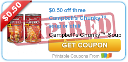 $0.50 off three Campbell's Chunky™ soup or chili