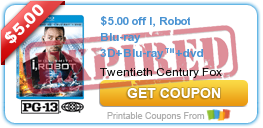 $5.00 off I, Robot Blu-ray 3D+Blu-ray™+dvd