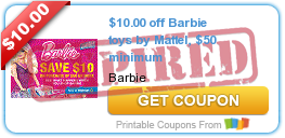 $10.00 off Barbie toys by Mattel, $50 minimum