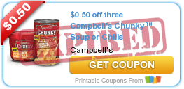 $0.50 off three Campbell's Chunky™ Soup or Chilis