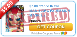 $5.00 off one IRON MAN 3 ARC FX MISSION MASK toy