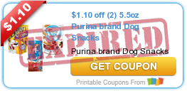 $1.10 off (2) 5.5oz Purina brand Dog Snacks