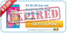 $3.00 off any one BABY ALIVE Doll Refill Pack