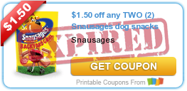 $1.50 off any TWO (2) Snausages dog snacks