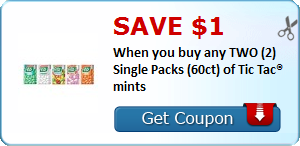 Save $1.00 When you buy any TWO (2) Single Packs (60ct) of Tic Tac® mints