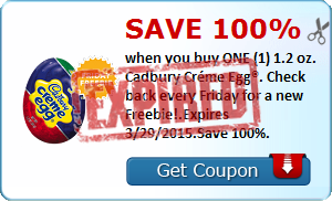 Save 100% when you buy ONE (1) 1.2 oz. Cadbury Créme Egg®. Check back every Friday for a new Freebie!.Expires 3/29/2015.Save 100%.